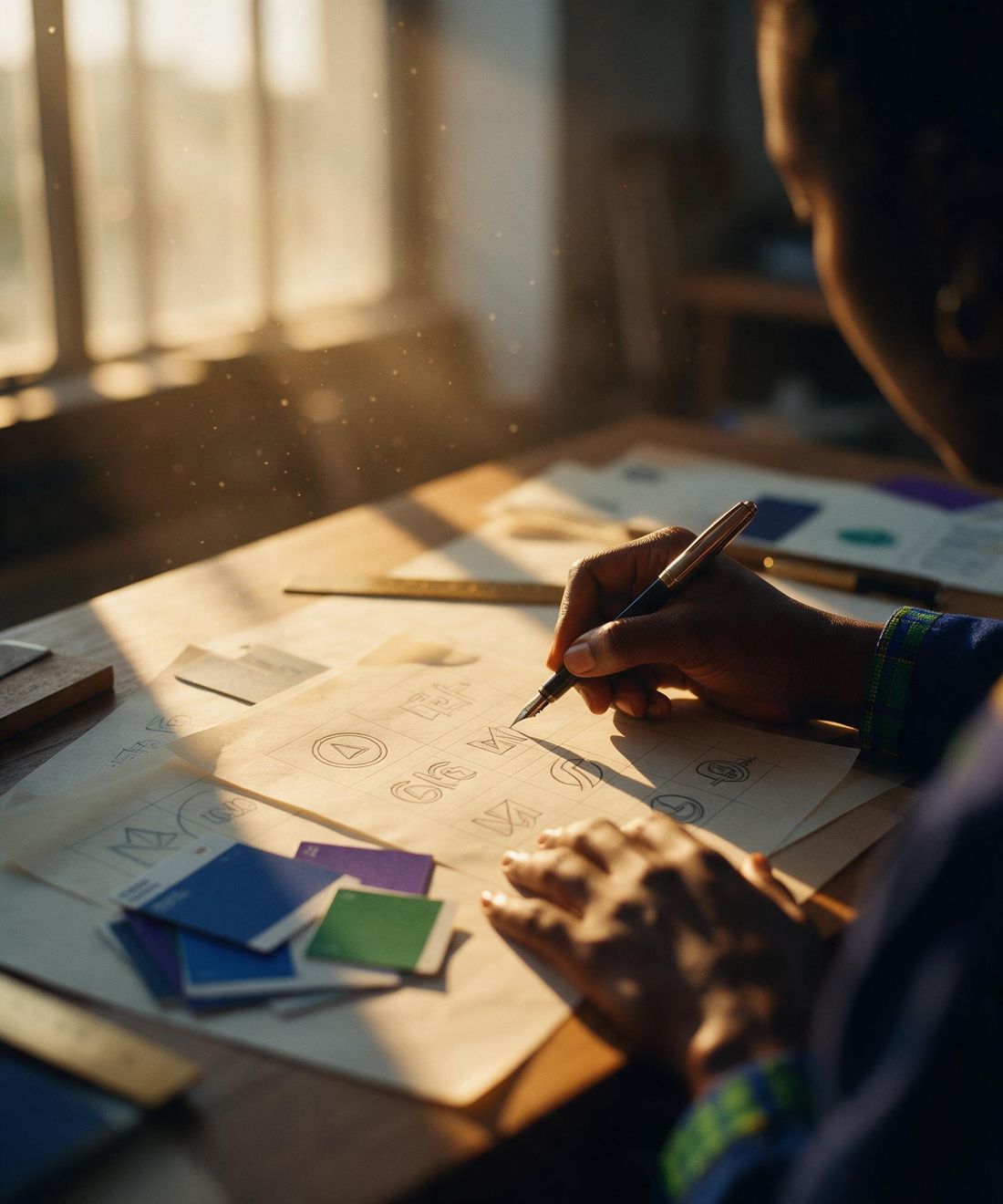 A designer's hands sketching logo concepts on tracing paper beside blue, purple and green colour swatches in golden window light.