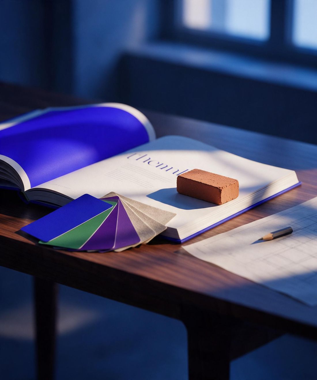 An open brand guidelines book with a cobalt blue page, a terracotta brick and fanned blue, green and purple colour swatches on a walnut desk.